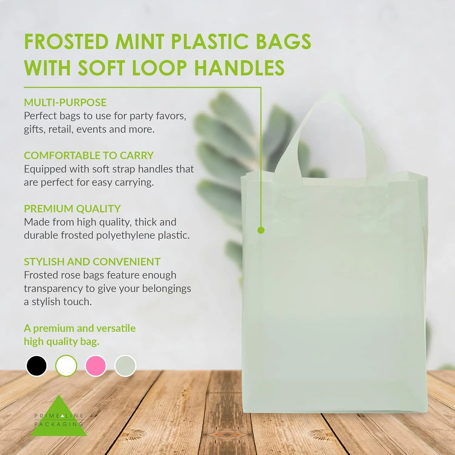 Prime Line Packaging Plastic Shopping Bags for Small Business, Boutiques, Goodie, Birthday, Jewelry, Retail, Frosted Sage Green, Bulk, 8x4x10 100 Pack