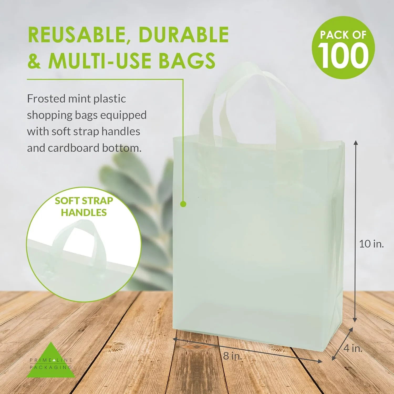 Prime Line Packaging Plastic Shopping Bags for Small Business, Boutiques, Goodie, Birthday, Jewelry, Retail, Frosted Sage Green, Bulk, 8x4x10 100 Pack