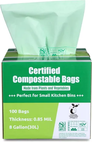 Primode Compostable Bags, 8 Gallon (30L) Food Scraps Yard Waste Bags, 100 Count, Extra Thick 0.85 Mil. ASTM D6400 Compost Bags Small Kitchen Trash Bags, Certified by BPI & TÜV AUSTRIA