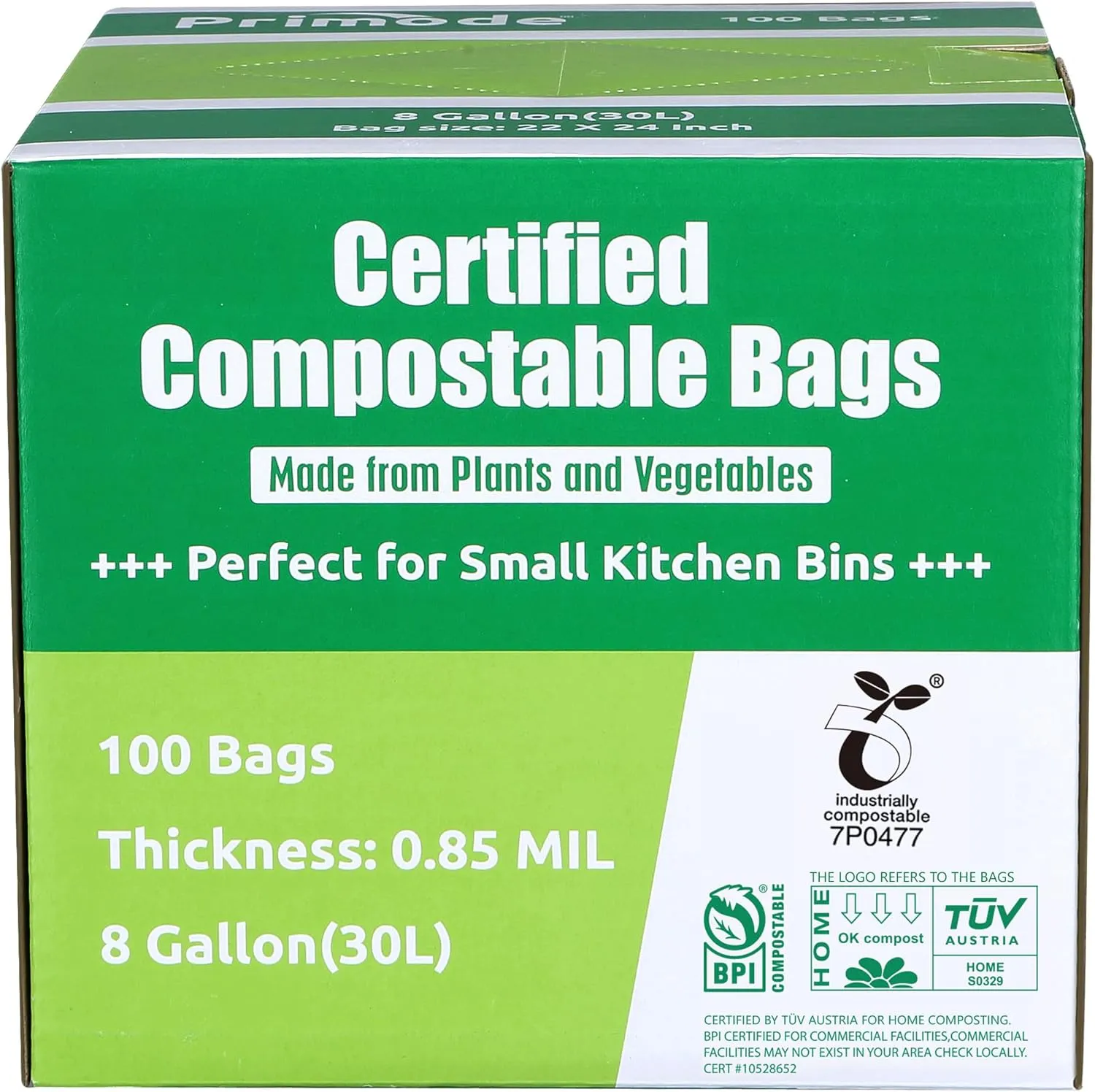 Primode Compostable Bags, 8 Gallon (30L) Food Scraps Yard Waste Bags, 100 Count, Extra Thick 0.85 Mil. ASTM D6400 Compost Bags Small Kitchen Trash Bags, Certified by BPI & TÜV AUSTRIA