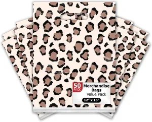 Pro Supply Global 12x15 50 Count Leopard Print Designer Retail Boutique Merchandise Bags with Die Cut Handles Premium Printed Shopping Bags For Small Business Shop Owners
