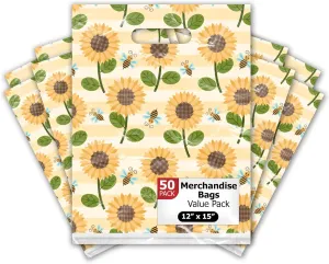 Pro Supply Global 12x15 50 Count Sunflowers & Bees Designer Retail Boutique Merchandise Bags with Die Cut Handles Premium Printed Shopping Bags For Small Business Shop Owners