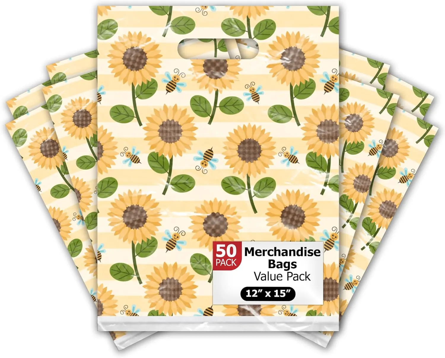Pro Supply Global 12x15 50 Count Sunflowers & Bees Designer Retail Boutique Merchandise Bags with Die Cut Handles Premium Printed Shopping Bags For Small Business Shop Owners