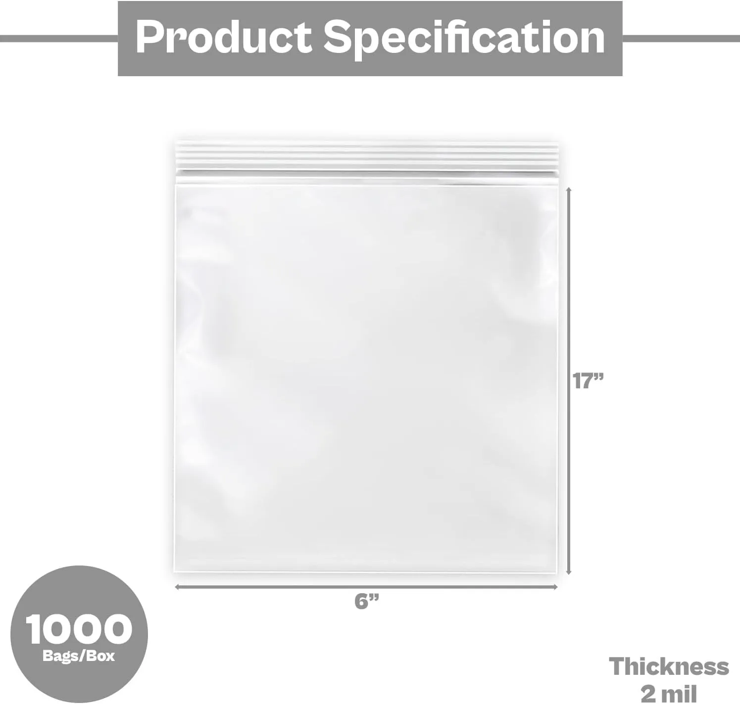 PSBM 6 Inch x 17 Inch Zipper Bags, 1000 Count 2 Mil Clear Reclosable Zip Poly Plastic Parts Bags, Lightweight & Durable Reclosable Zip Bags for storage and organization
