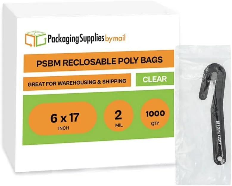 PSBM 6 Inch x 17 Inch Zipper Bags, 1000 Count 2 Mil Clear Reclosable Zip Poly Plastic Parts Bags, Lightweight & Durable Reclosable Zip Bags for storage and organization