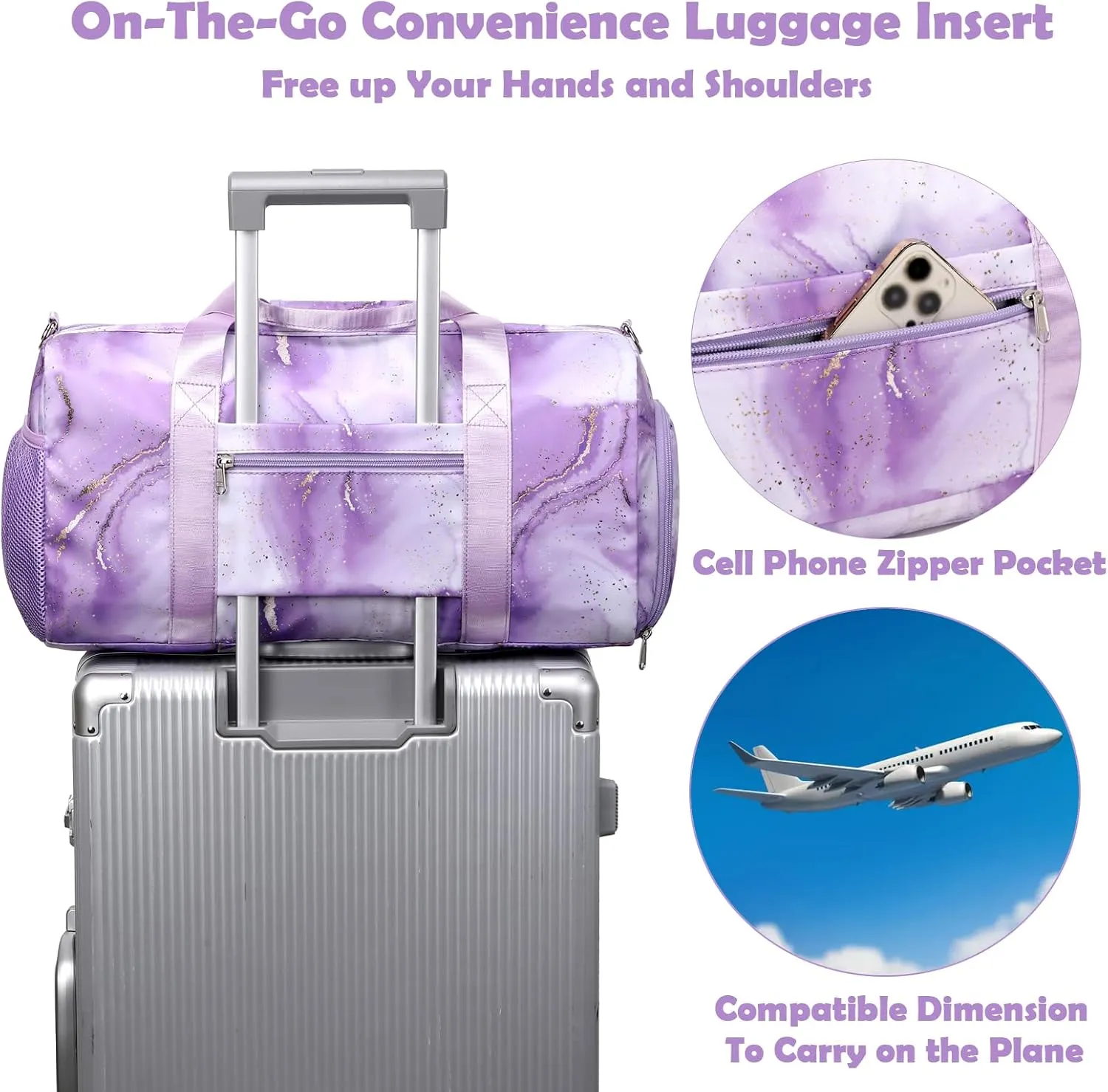 Purple Dance Bag with Wet Compartment for Girls, Dance Duffle Bag Large-capacity Weekender Overnight Travel Sleepover Bags with Shoe Pouch and Air Hole for Girls Women