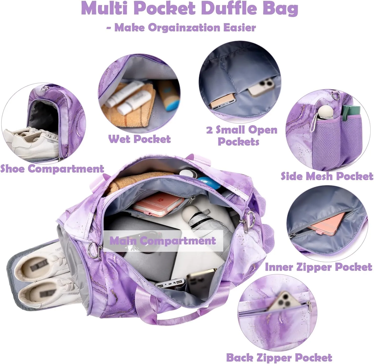 Purple Dance Bag with Wet Compartment for Girls, Dance Duffle Bag Large-capacity Weekender Overnight Travel Sleepover Bags with Shoe Pouch and Air Hole for Girls Women