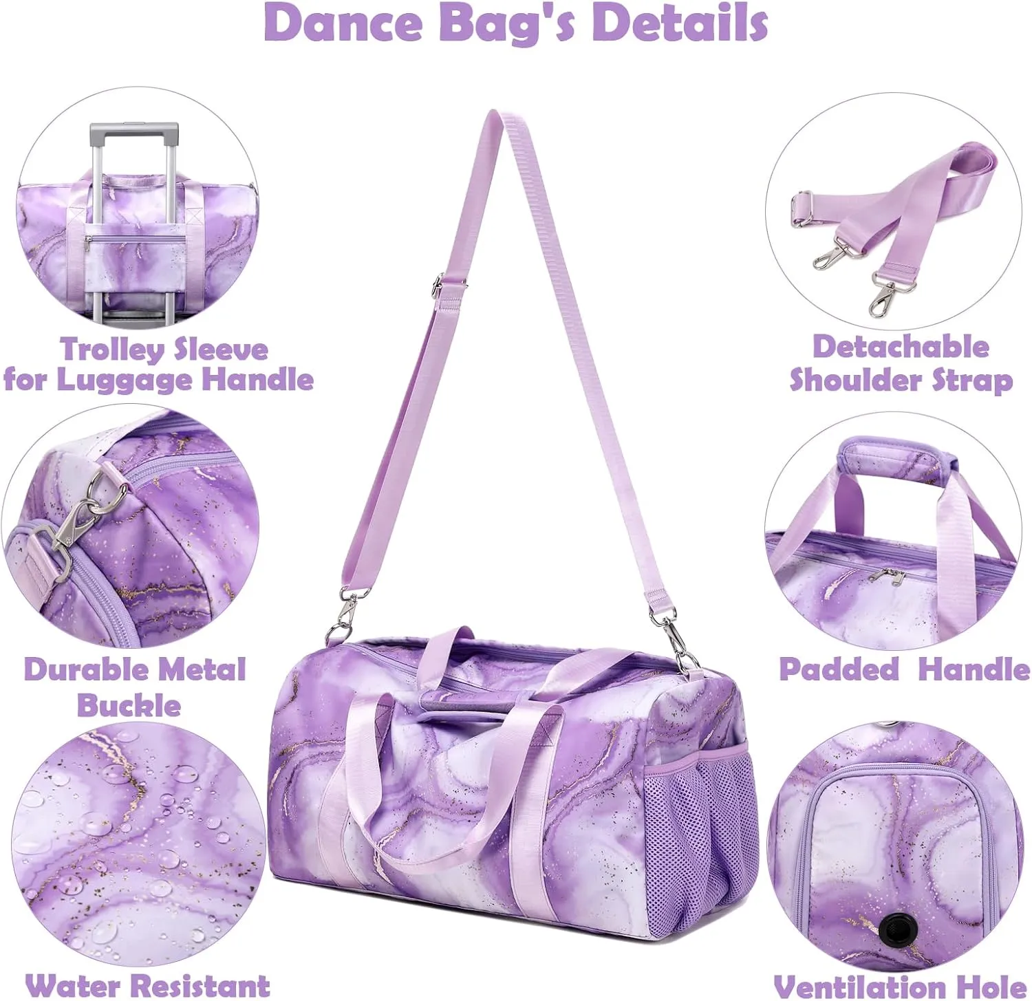 Purple Dance Bag with Wet Compartment for Girls, Dance Duffle Bag Large-capacity Weekender Overnight Travel Sleepover Bags with Shoe Pouch and Air Hole for Girls Women