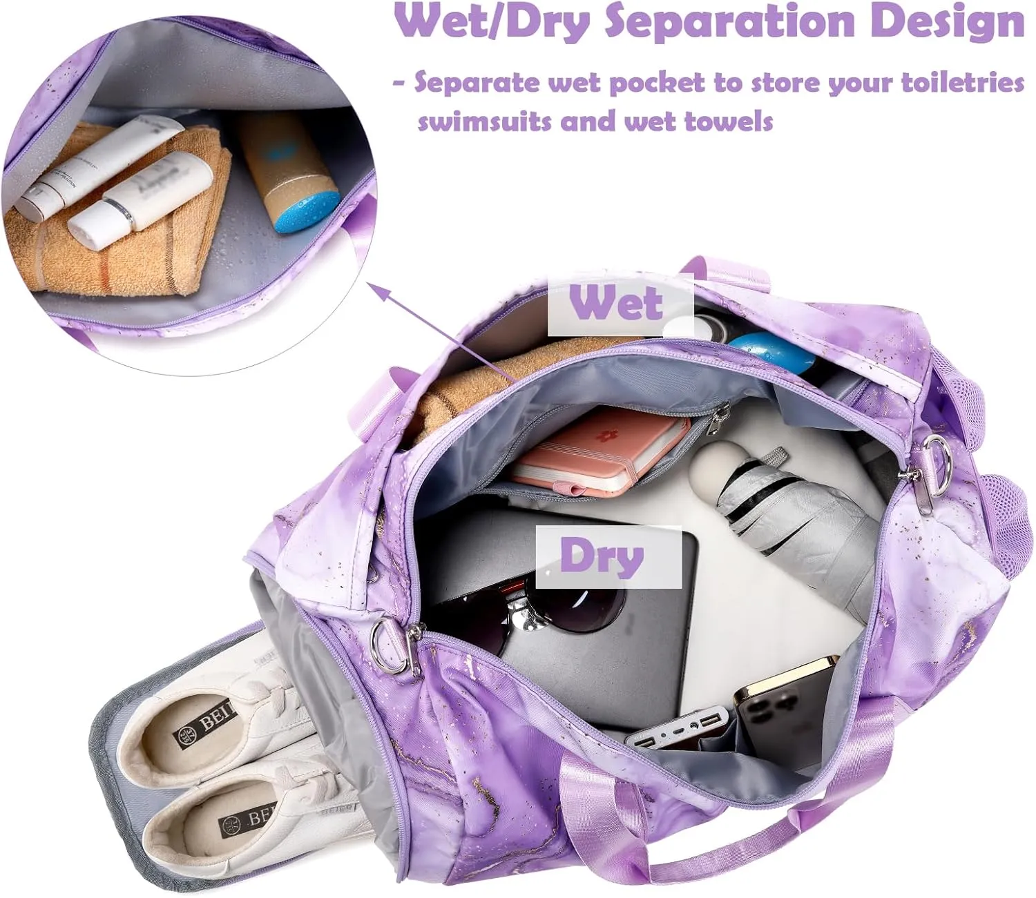 Purple Dance Bag with Wet Compartment for Girls, Dance Duffle Bag Large-capacity Weekender Overnight Travel Sleepover Bags with Shoe Pouch and Air Hole for Girls Women