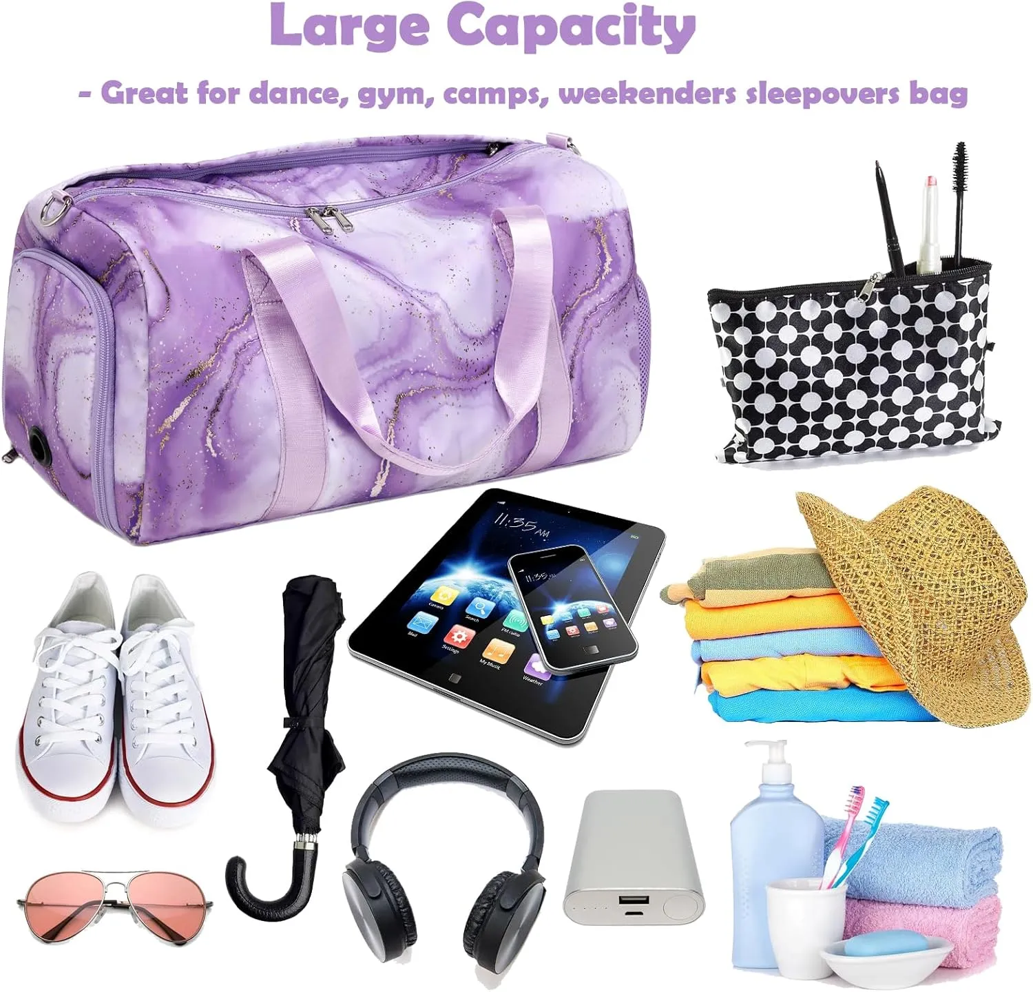 Purple Dance Bag with Wet Compartment for Girls, Dance Duffle Bag Large-capacity Weekender Overnight Travel Sleepover Bags with Shoe Pouch and Air Hole for Girls Women