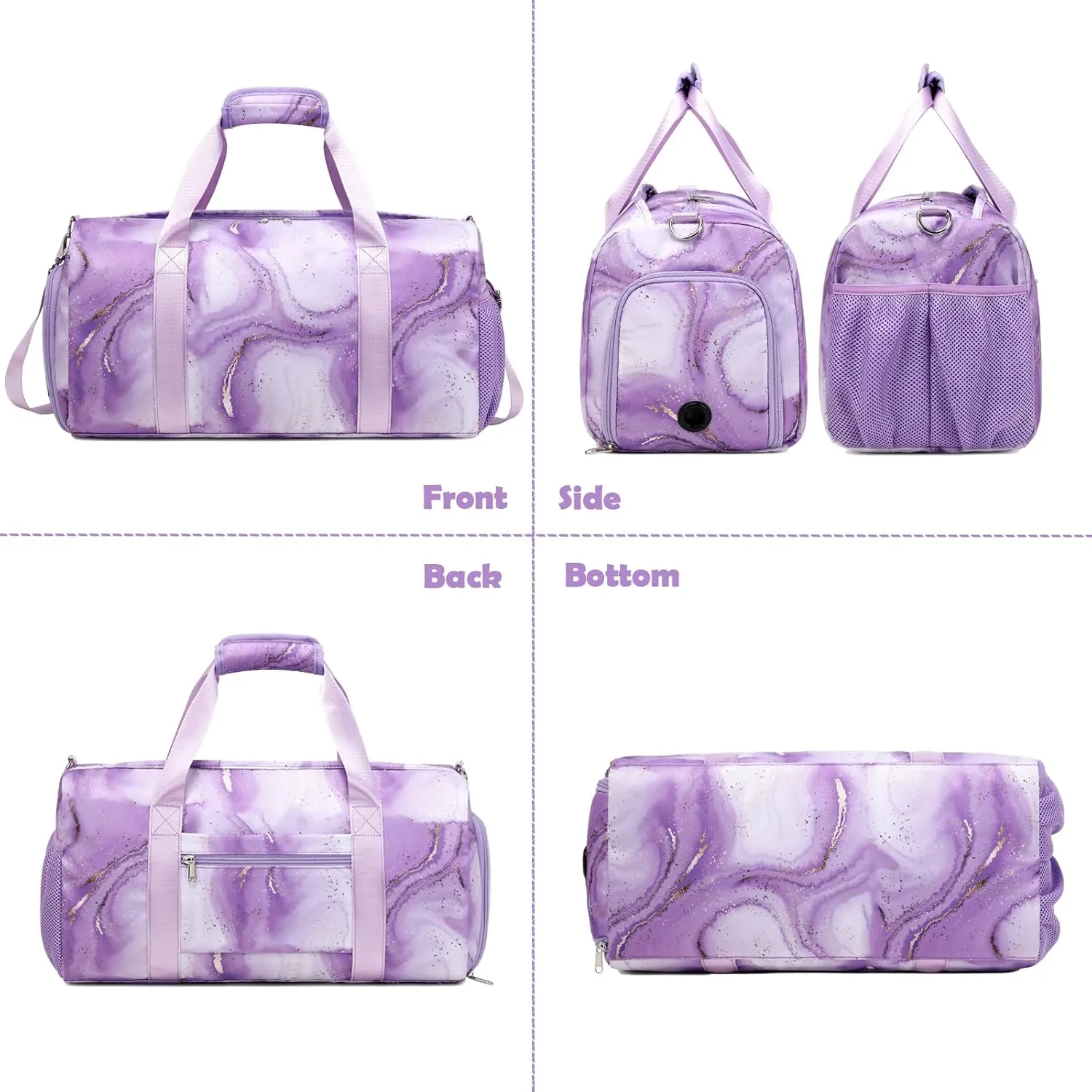 Purple Dance Bag with Wet Compartment for Girls, Dance Duffle Bag Large-capacity Weekender Overnight Travel Sleepover Bags with Shoe Pouch and Air Hole for Girls Women