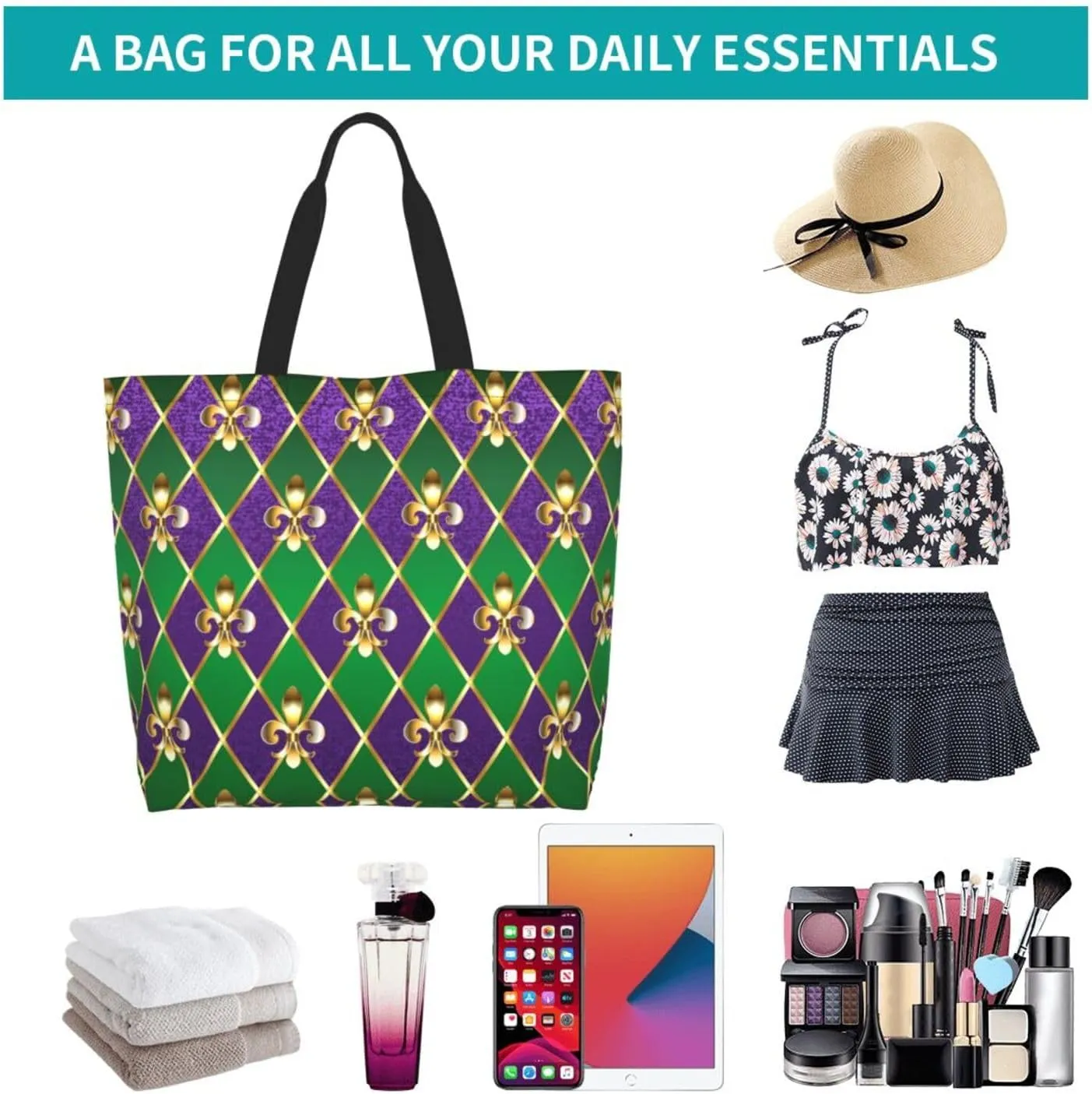 Purple Green Fleur De Lis Tote Bag For Women, Shoulder Bags Big Reusable Grocery Handbag For Travel Gym Picnic