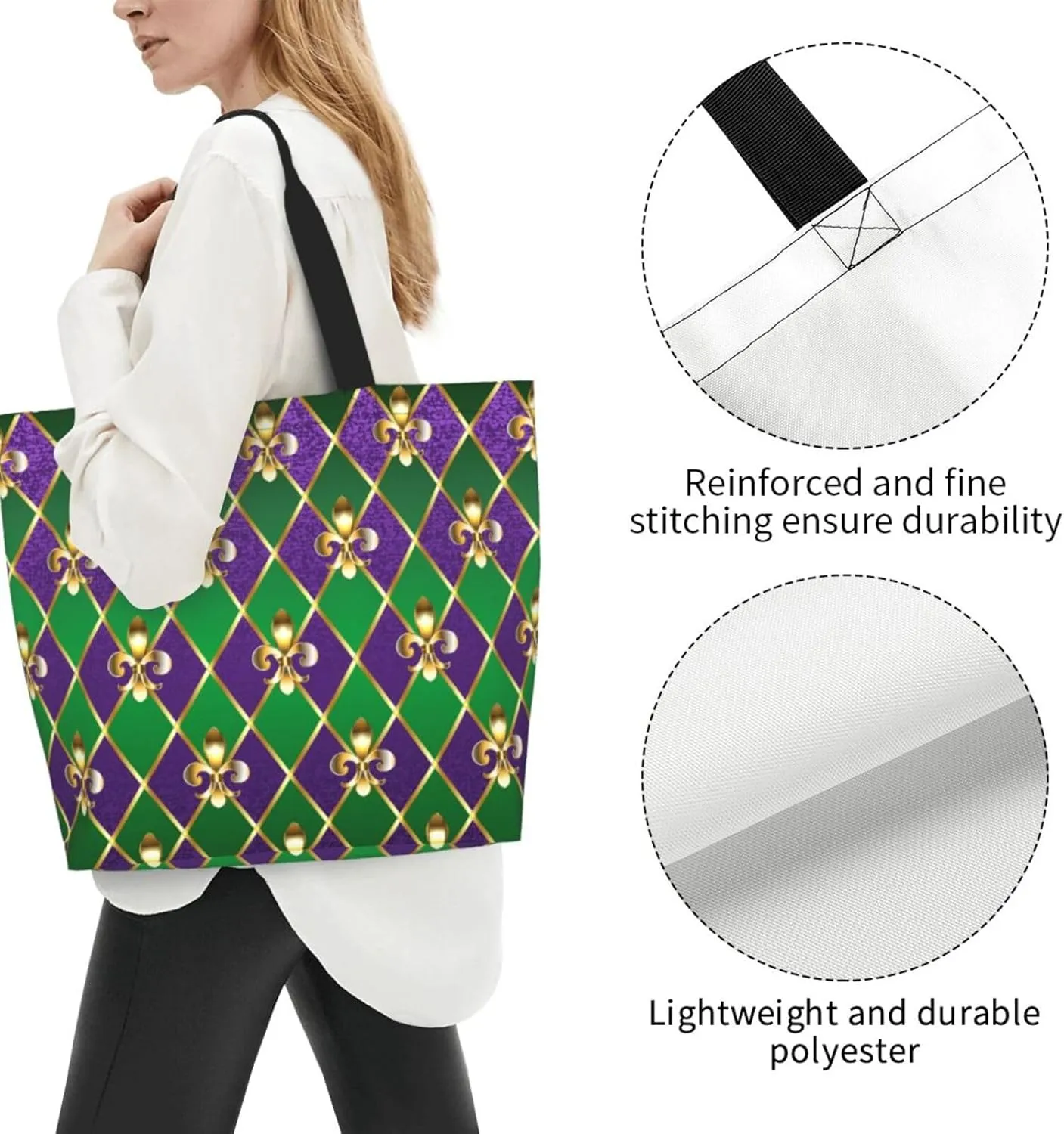 Purple Green Fleur De Lis Tote Bag For Women, Shoulder Bags Big Reusable Grocery Handbag For Travel Gym Picnic