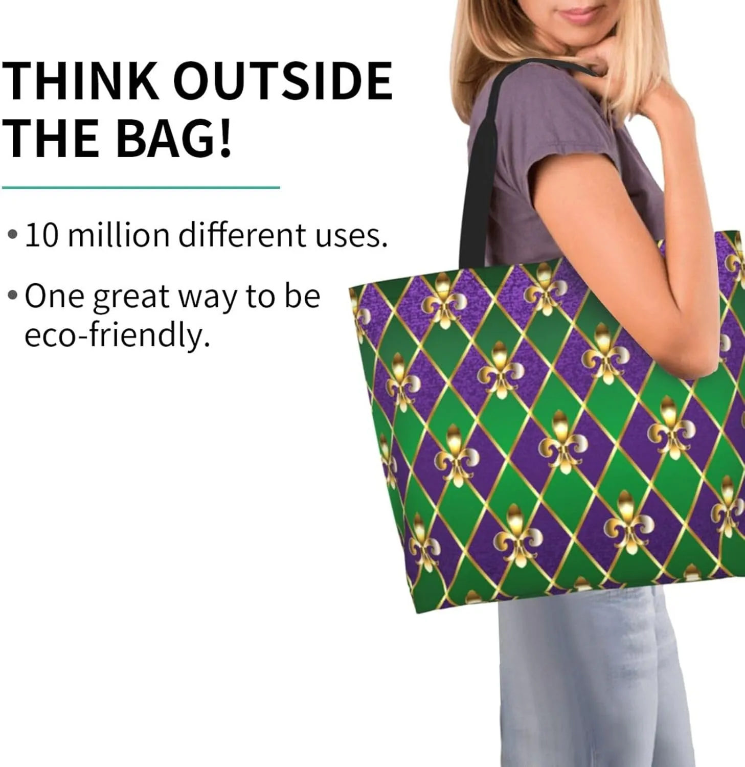 Purple Green Fleur De Lis Tote Bag For Women, Shoulder Bags Big Reusable Grocery Handbag For Travel Gym Picnic