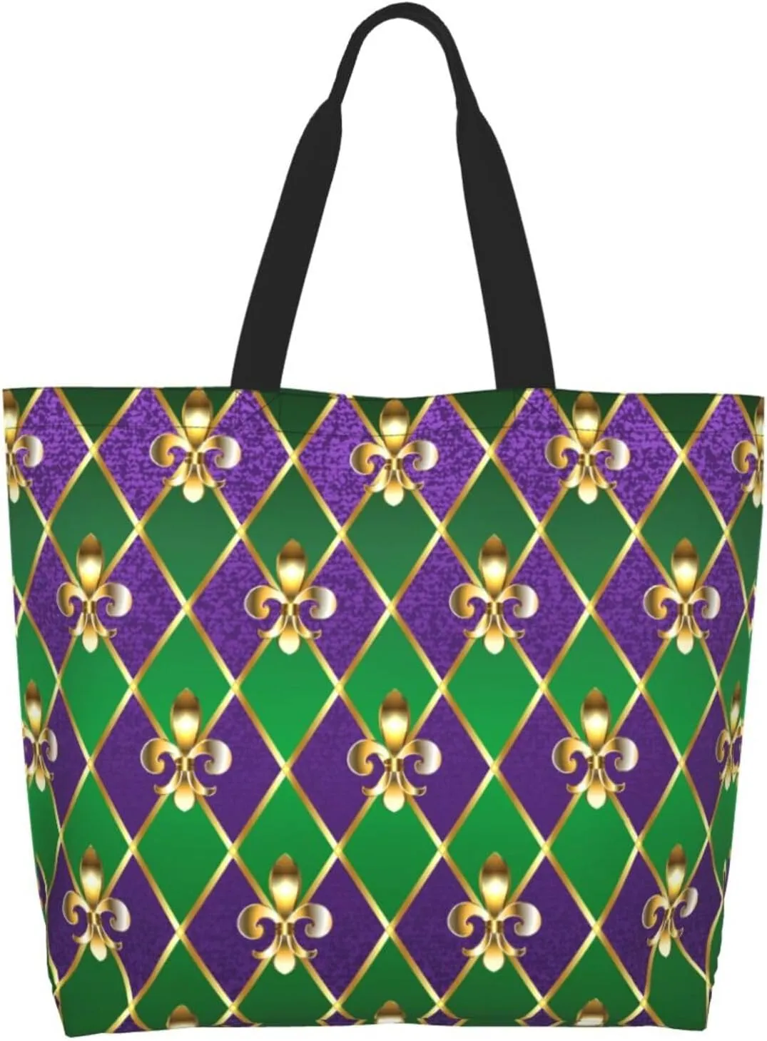 Purple Green Fleur De Lis Tote Bag For Women, Shoulder Bags Big Reusable Grocery Handbag For Travel Gym Picnic