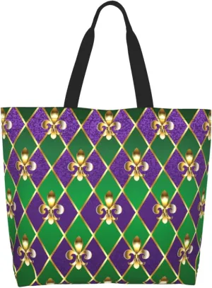 Purple Green Fleur De Lis Tote Bag For Women, Shoulder Bags Big Reusable Grocery Handbag For Travel Gym Picnic