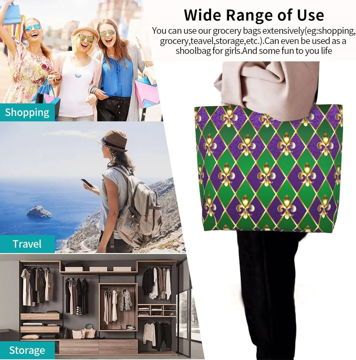 Purple Green Fleur De Lis Tote Bag For Women, Shoulder Bags Big Reusable Grocery Handbag For Travel Gym Picnic