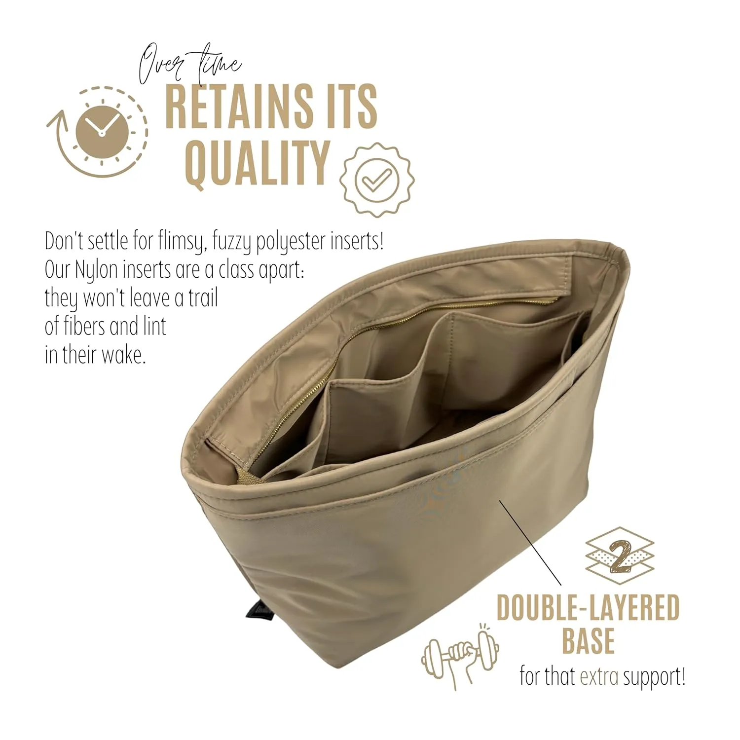 Purse Organizer compatible with Neverfull PM/MM/GM Bag Organizer with Zipper, Handmade Water Resistant Oval-Shaped Premium Insert, Perfect Fit Gold Zipper (Neverf*ll GM, Beige)