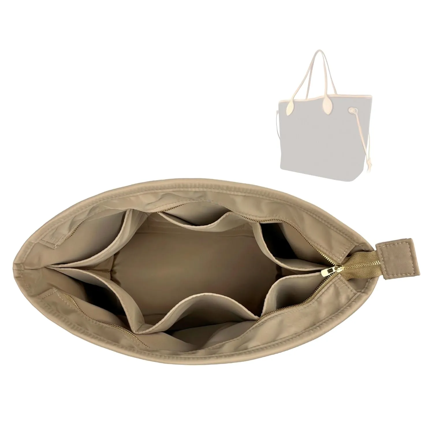 Purse Organizer compatible with Neverfull PM/MM/GM Bag Organizer with Zipper, Handmade Water Resistant Oval-Shaped Premium Insert, Perfect Fit Gold Zipper (Neverf*ll GM, Beige)