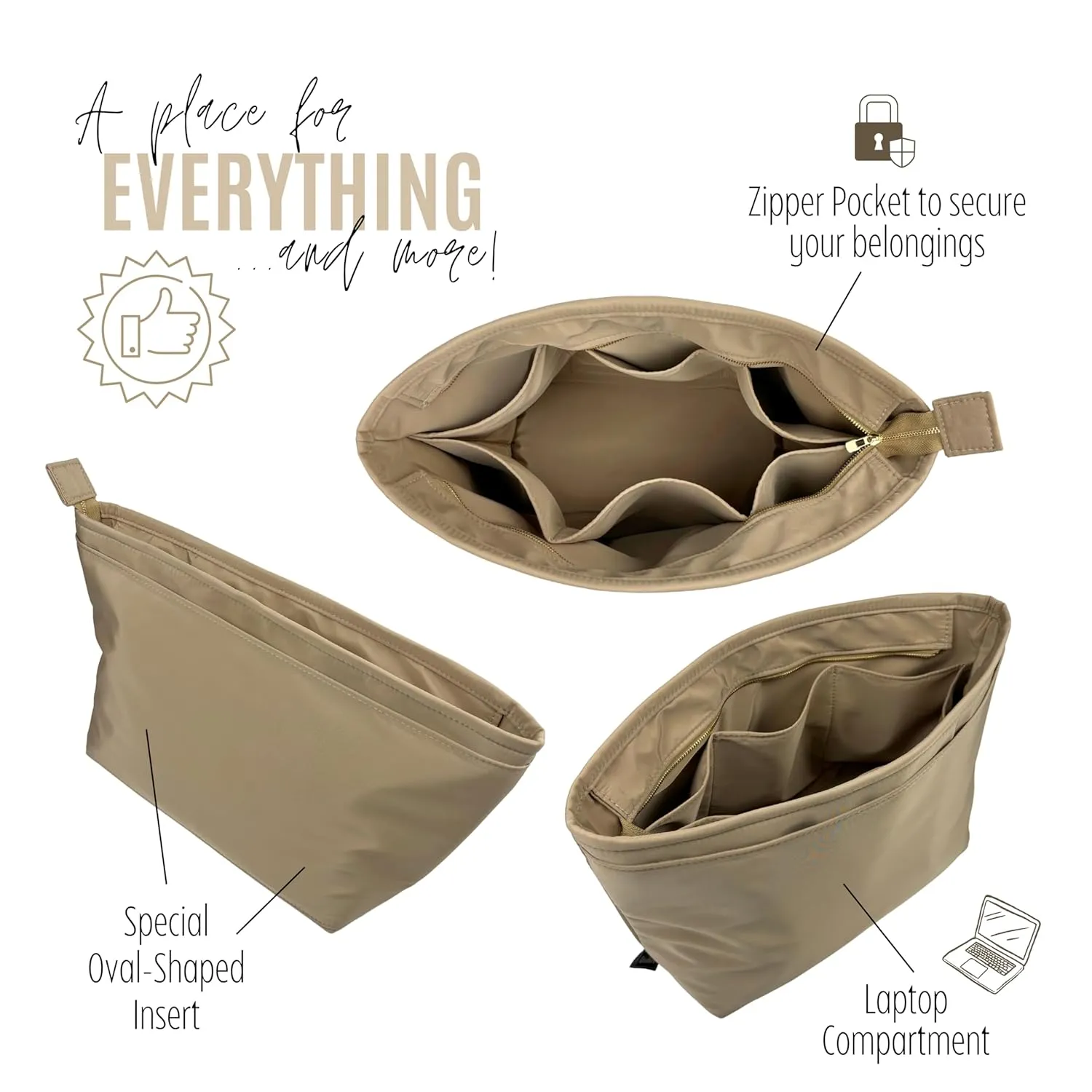 Purse Organizer compatible with Neverfull PM/MM/GM Bag Organizer with Zipper, Handmade Water Resistant Oval-Shaped Premium Insert, Perfect Fit Gold Zipper (Neverf*ll GM, Beige)