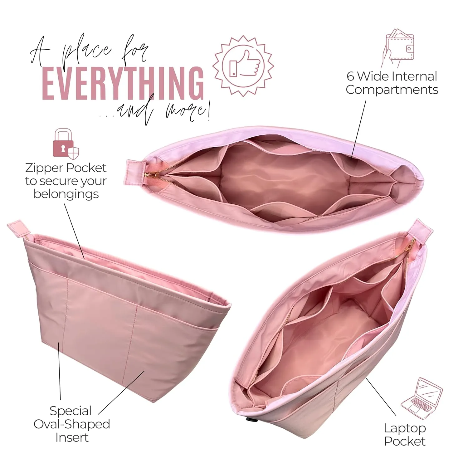 Purse Organizer compatible with Neverfull PM/MM/GM Bag Organizer with Zipper, Handmade Water Resistant Oval-Shaped Premium Insert, Perfect Fit Gold Zipper (Neverf*ll GM, Rose Ballerine)