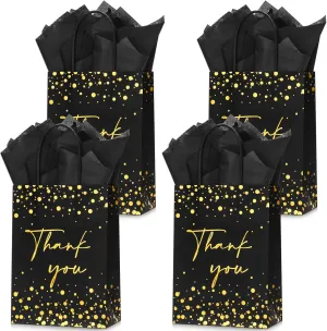 QIELSER 30 Pcs Thank You Gift Bags with Tissue Paper Gold Foil Black Gift Bags with Handle for Business, Birthday, Baby Shower, Bridal Shower, Wedding, 8.3x6x3.2 in