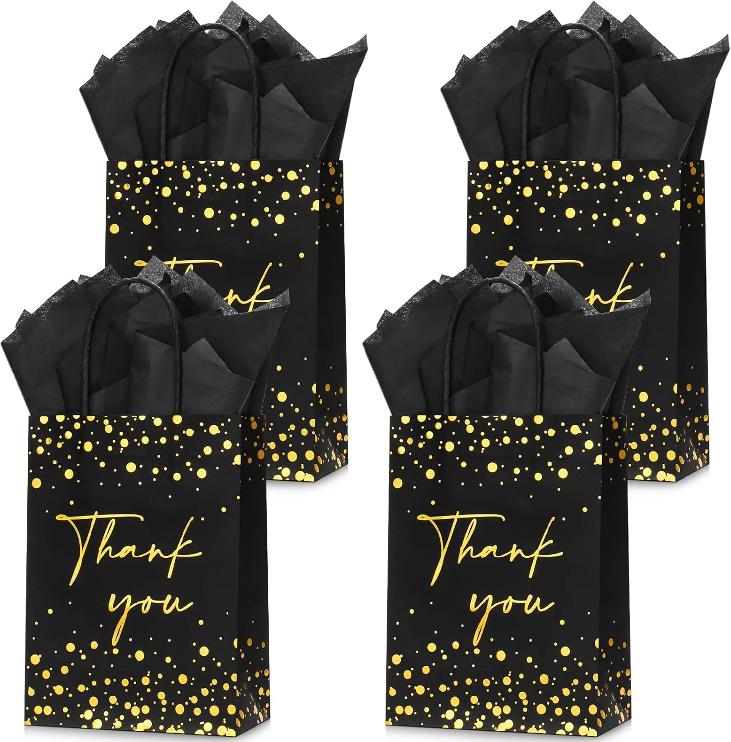 QIELSER 30 Pcs Thank You Gift Bags with Tissue Paper Gold Foil Black Gift Bags with Handle for Business, Birthday, Baby Shower, Bridal Shower, Wedding, 8.3x6x3.2 in