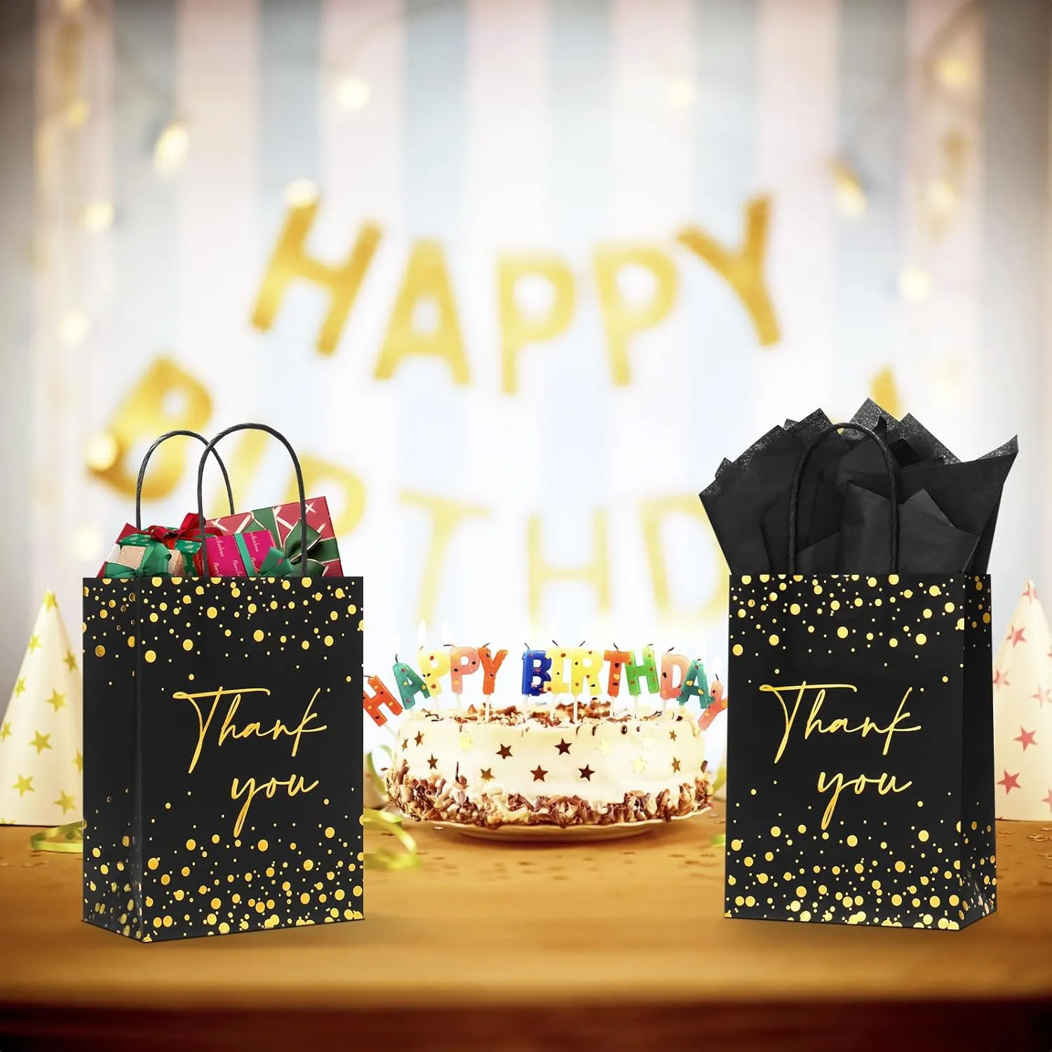 QIELSER 30 Pcs Thank You Gift Bags with Tissue Paper Gold Foil Black Gift Bags with Handle for Business, Birthday, Baby Shower, Bridal Shower, Wedding, 8.3x6x3.2 in