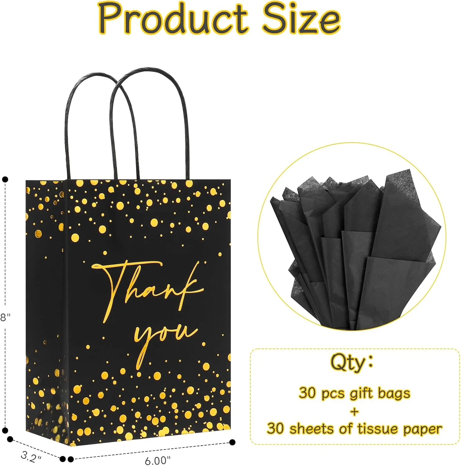 QIELSER 30 Pcs Thank You Gift Bags with Tissue Paper Gold Foil Black Gift Bags with Handle for Business, Birthday, Baby Shower, Bridal Shower, Wedding, 8.3x6x3.2 in