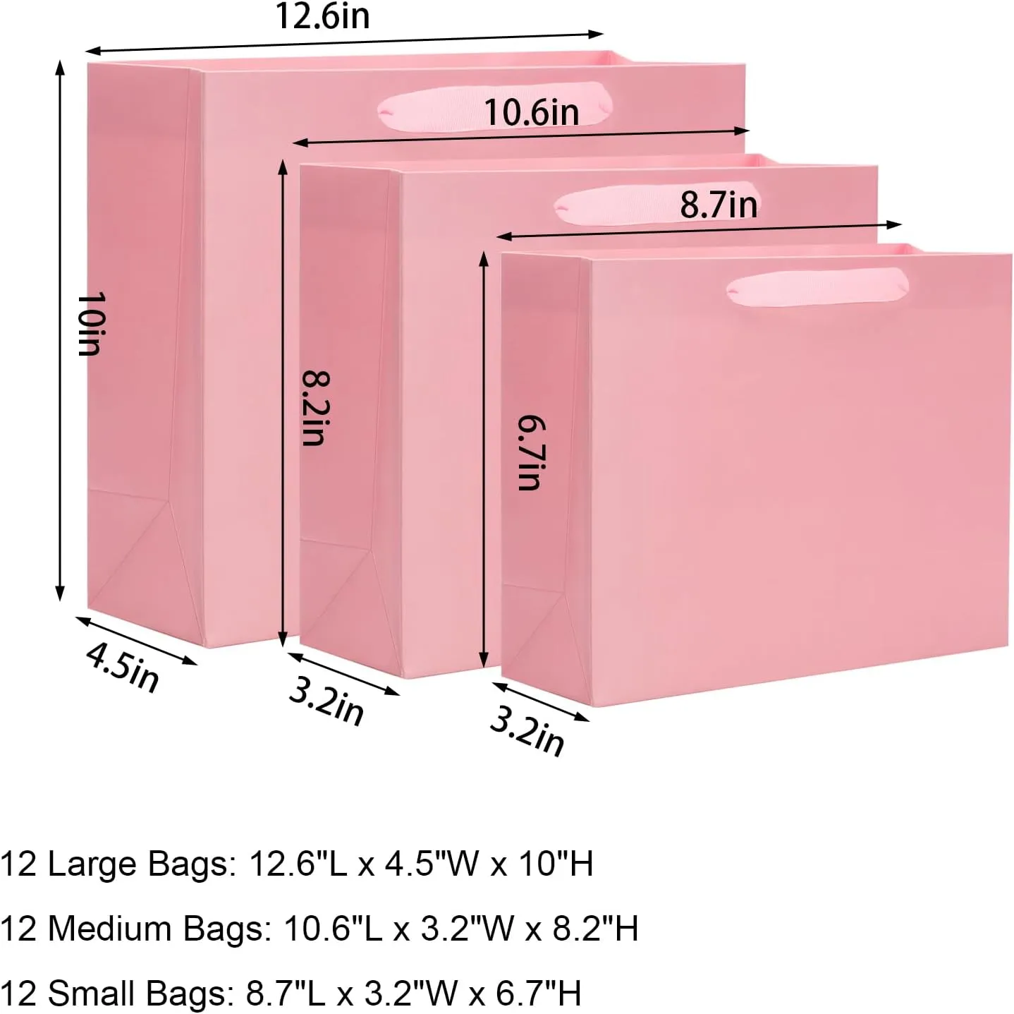 QIELSER 36 Pack Pink Gift Bags Bulk, Heavy Duty Kraft Paper Shopping Bags with Ribbon Handles for Party Favor, Wedding, Retail, Baby Shower, Christmas, 3 Size in 9", 11" and 13"