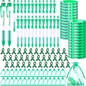 Qilery 120 Pcs Mental Health Awareness Items Gifts Set Include Hope Strength Retractable Pens, Mental Health Awareness Bracelets, Ribbon Lapel Pins, Organza Bag Bulk for Event Charity Party(Green)