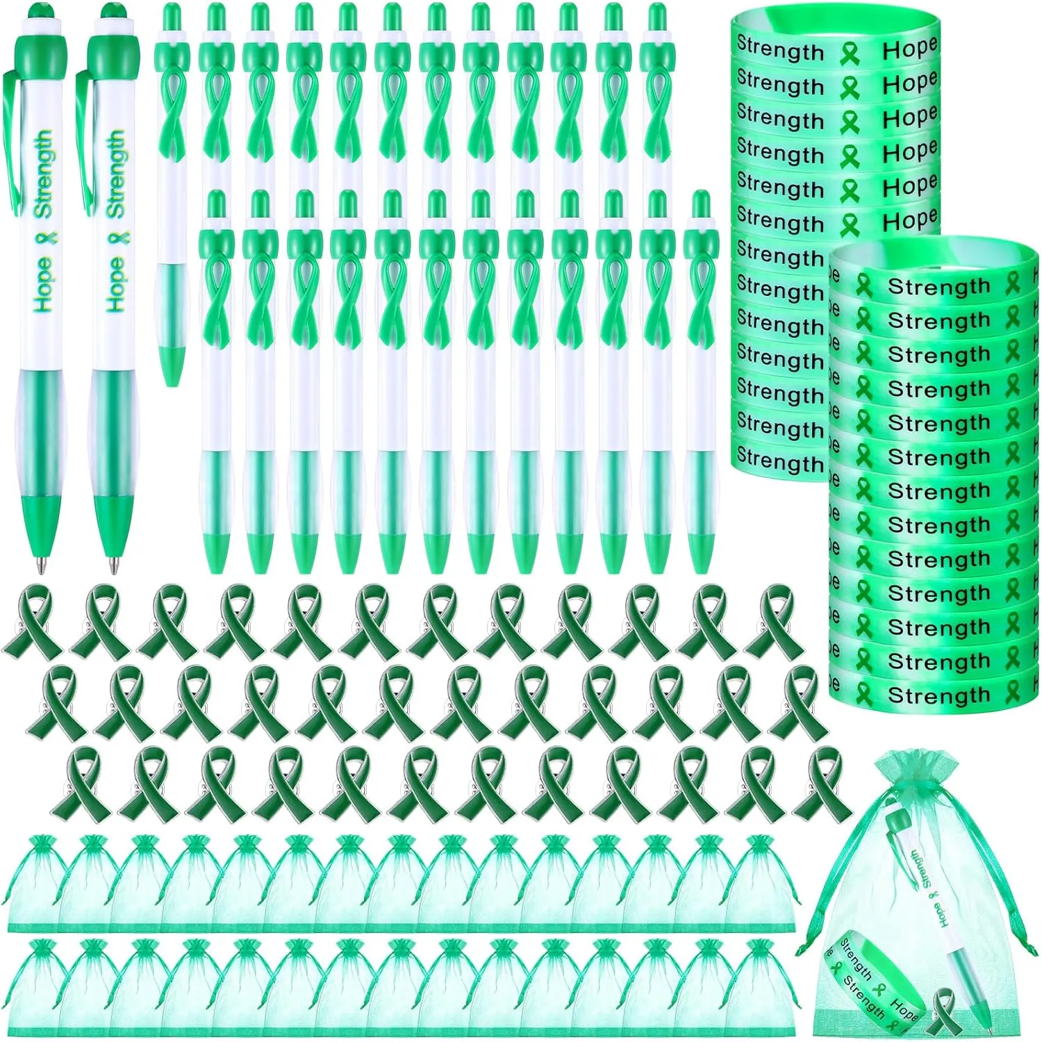 Qilery 120 Pcs Mental Health Awareness Items Gifts Set Include Hope Strength Retractable Pens, Mental Health Awareness Bracelets, Ribbon Lapel Pins, Organza Bag Bulk for Event Charity Party(Green)