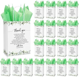 Qilery 50 Set Greenery Wedding Gift Bags Thank You Gift Bags with Tissue Paper Wedding Welcome Bags Thank You Paper Bags with Handles for Guest Bridal Shower Party Favor, Green, 5.9 x 3.15 x 8.27 Inch
