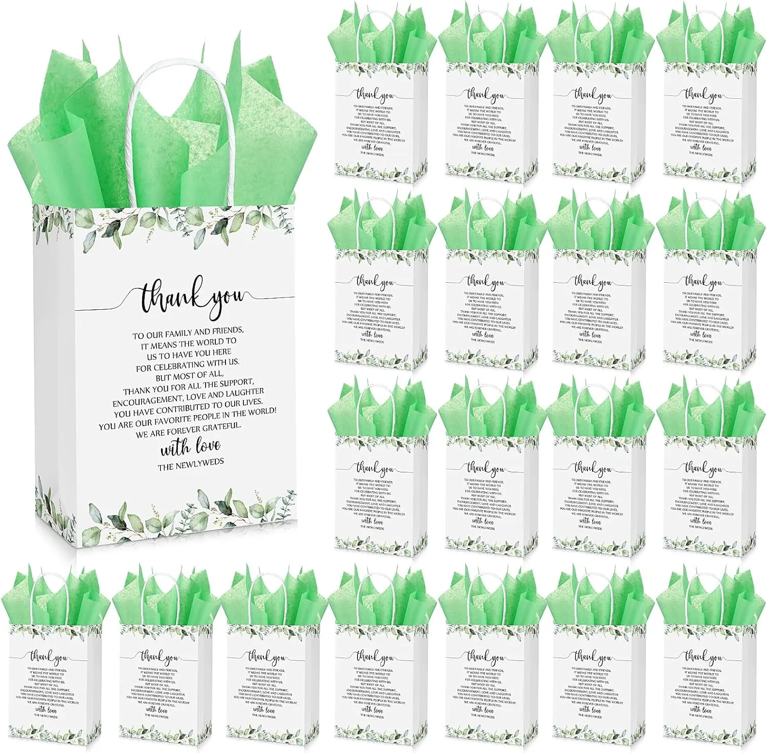 Qilery 50 Set Greenery Wedding Gift Bags Thank You Gift Bags with Tissue Paper Wedding Welcome Bags Thank You Paper Bags with Handles for Guest Bridal Shower Party Favor, Green, 5.9 x 3.15 x 8.27 Inch