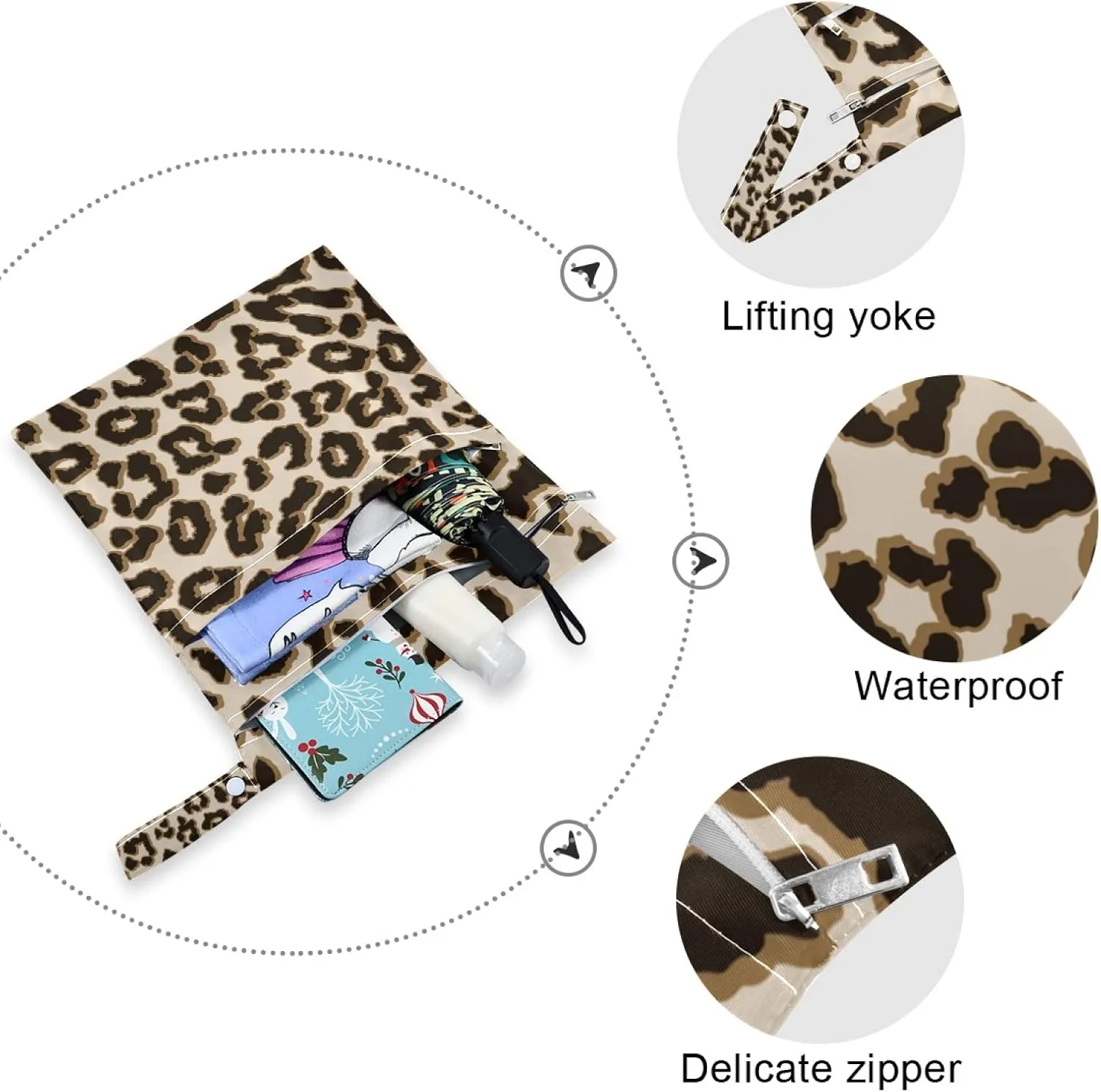 Qilmy 2pcs Leopard Wet Dry Bag Waterproof Reusable Baby Cloth Diaper Wet Dry Organizer for Travel, Beach, Stroller, Diapers, Wet Swimsuits, Toiletries
