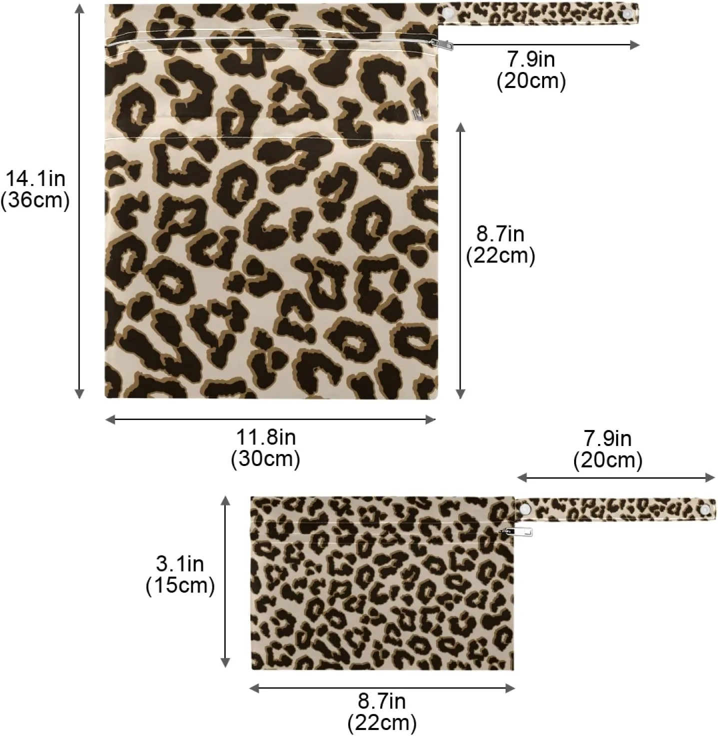 Qilmy 2pcs Leopard Wet Dry Bag Waterproof Reusable Baby Cloth Diaper Wet Dry Organizer for Travel, Beach, Stroller, Diapers, Wet Swimsuits, Toiletries