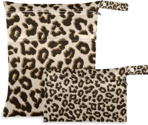 Qilmy 2pcs Leopard Wet Dry Bag Waterproof Reusable Baby Cloth Diaper Wet Dry Organizer for Travel, Beach, Stroller, Diapers, Wet Swimsuits, Toiletries