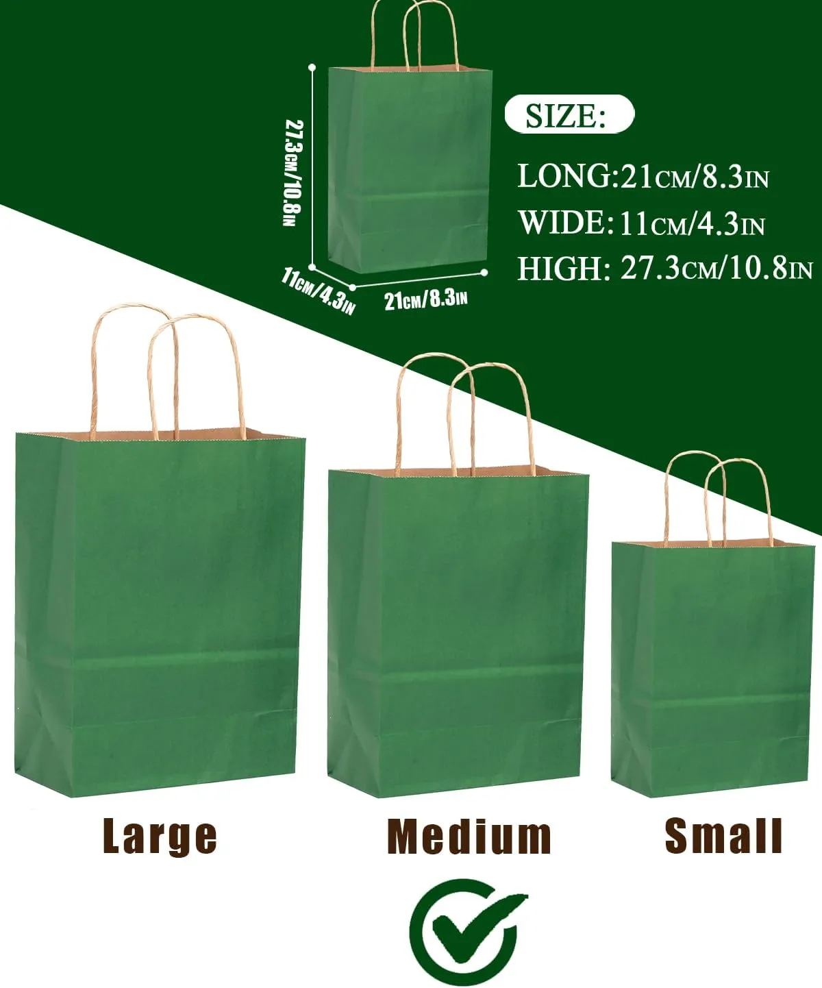 qiqee 100PCS Gift Bag with Handles Bulk Kraft Deep Green Paper Bags Multiple Uses (11"x5"x8"inch Medium Size)