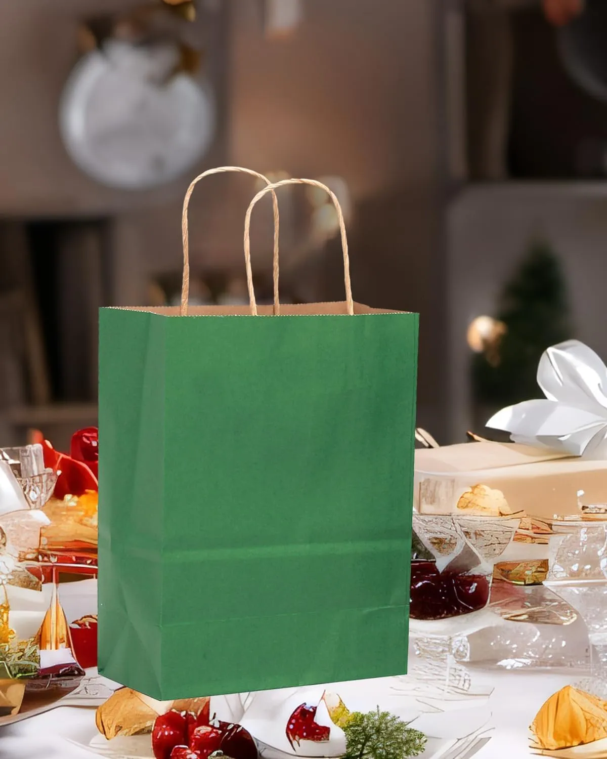 qiqee 100PCS Gift Bag with Handles Bulk Kraft Deep Green Paper Bags Multiple Uses (11"x5"x8"inch Medium Size)