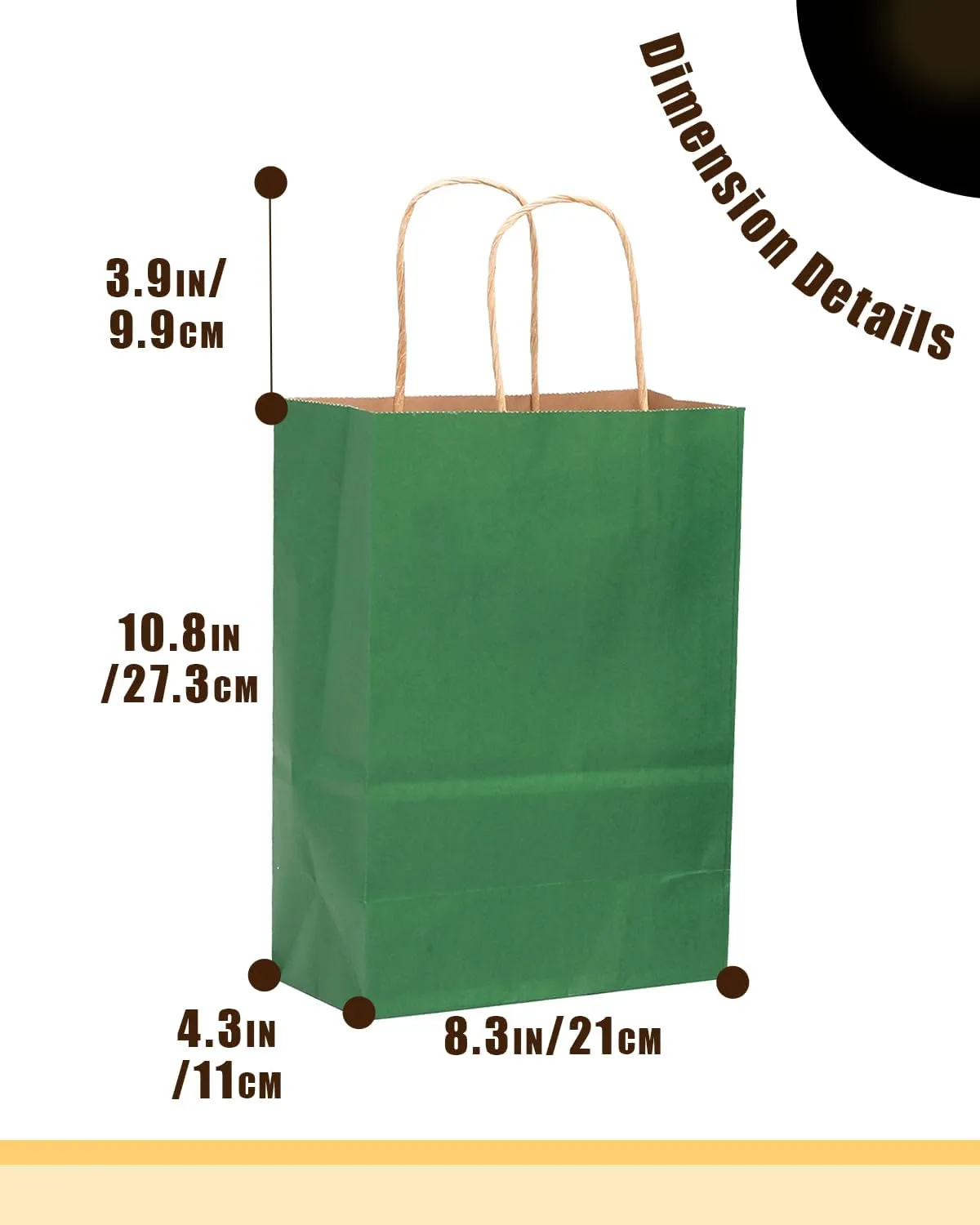 qiqee 100PCS Gift Bag with Handles Bulk Kraft Deep Green Paper Bags Multiple Uses (11"x5"x8"inch Medium Size)