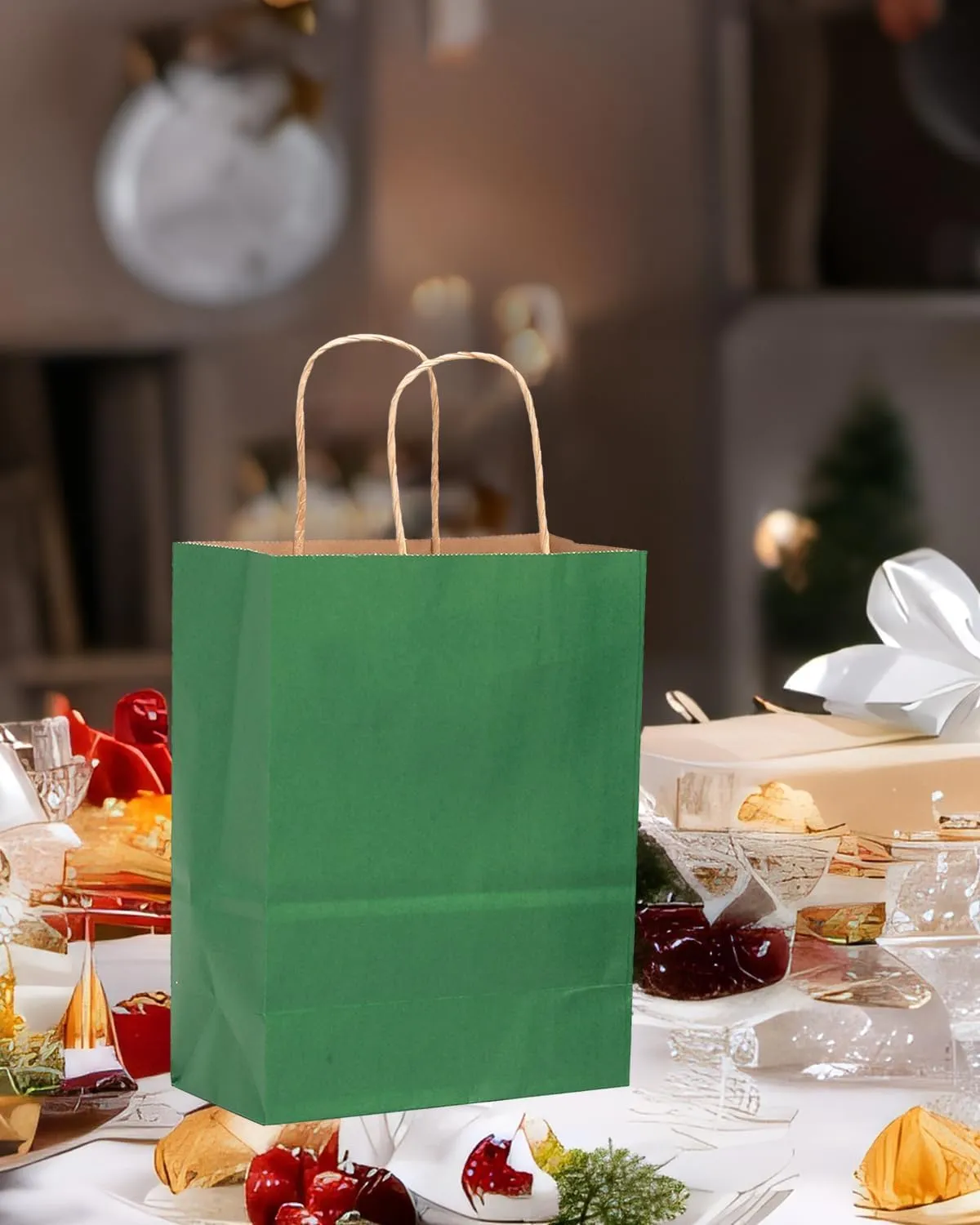 qiqee 100PCS Gift Bag with Handles Bulk Kraft Deep Green Paper Bags Multiple Uses (8.3"x3"x6"inch Small Size)