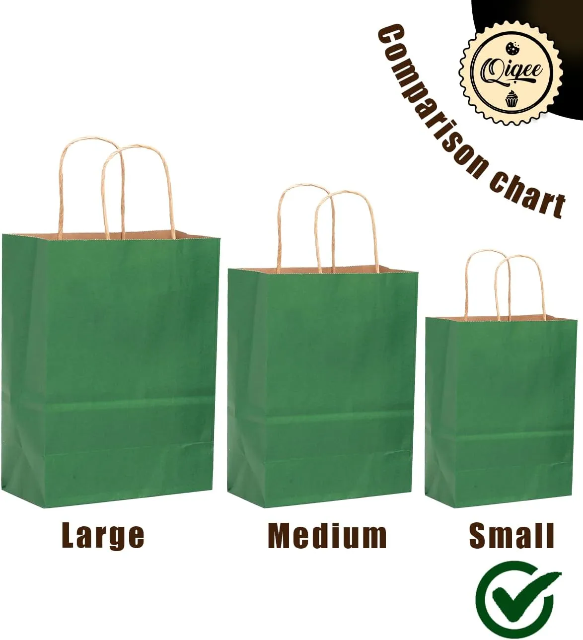 qiqee 100PCS Gift Bag with Handles Bulk Kraft Deep Green Paper Bags Multiple Uses (8.3"x3"x6"inch Small Size)