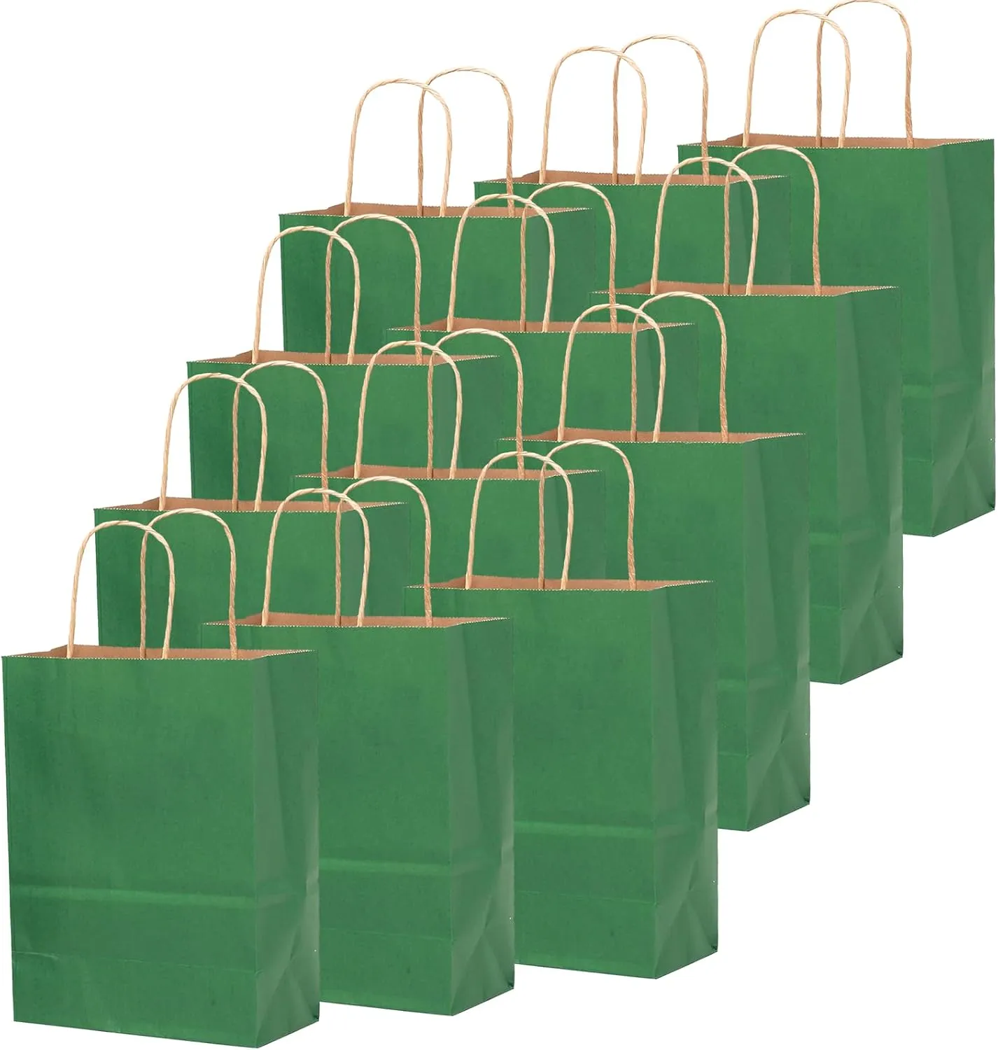 qiqee 100PCS Gift Bag with Handles Bulk Kraft Deep Green Paper Bags Multiple Uses (8.3"x3"x6"inch Small Size)