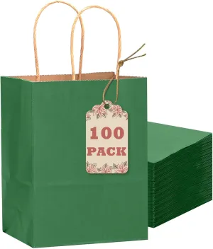 qiqee 100PCS Gift Bag with Handles Bulk Kraft Deep Green Paper Bags Multiple Uses (8.3"x3"x6"inch Small Size)