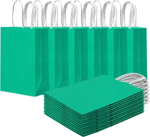 qiqee 24PCS Small Gift Bag with Handles Bulk 8.3"x6"x3" Gift Bags Lake Green Bags Multiple Uses (Small Size)