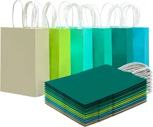 qiqee 30PCS Small Gift Bag with Handles Bulk 8.3"x6"x3" Gift Bags 6 Different Green Color Bags Multiple Uses (Small Size)