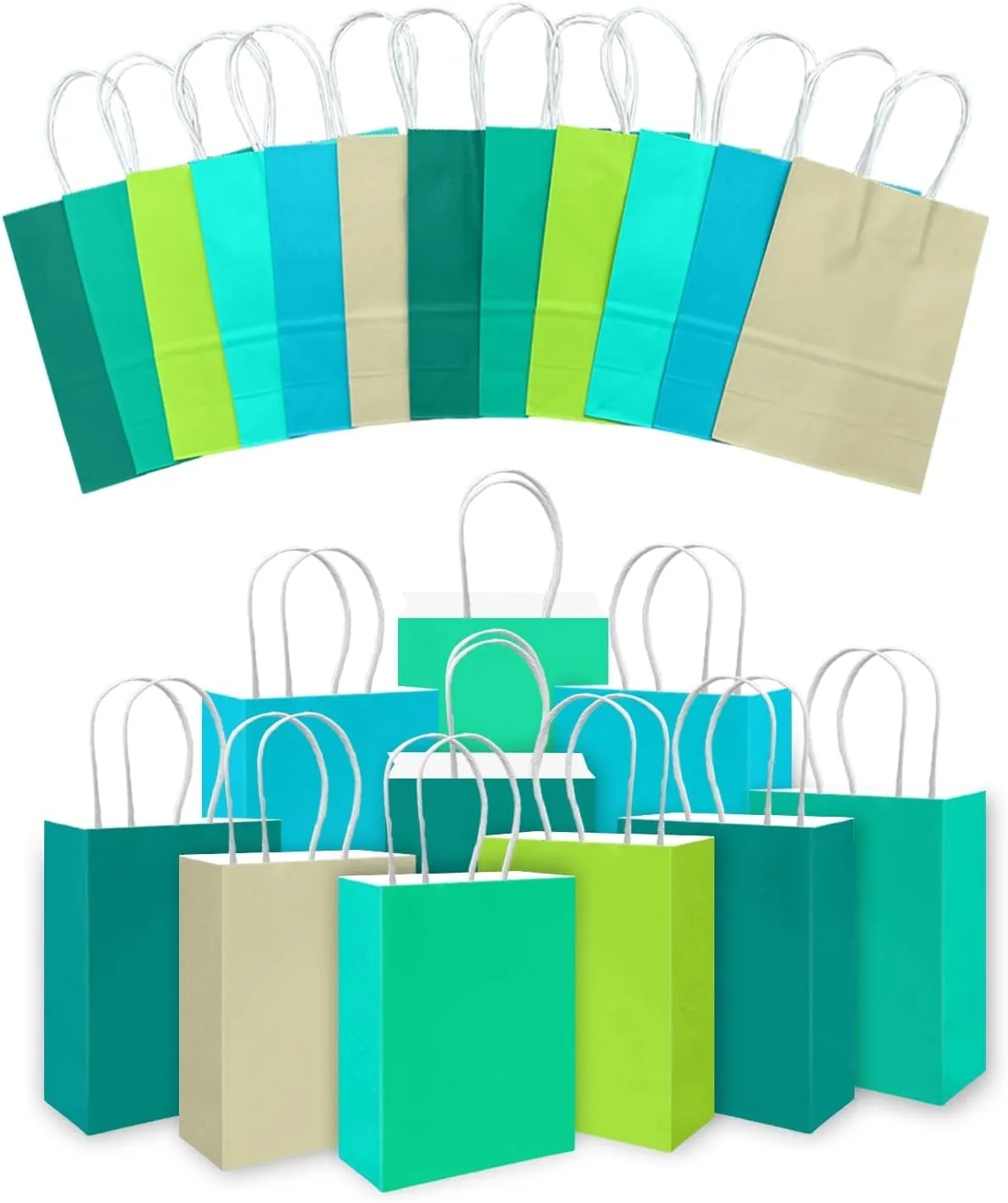 qiqee 30PCS Small Gift Bag with Handles Bulk 8.3"x6"x3" Gift Bags 6 Different Green Color Bags Multiple Uses (Small Size)