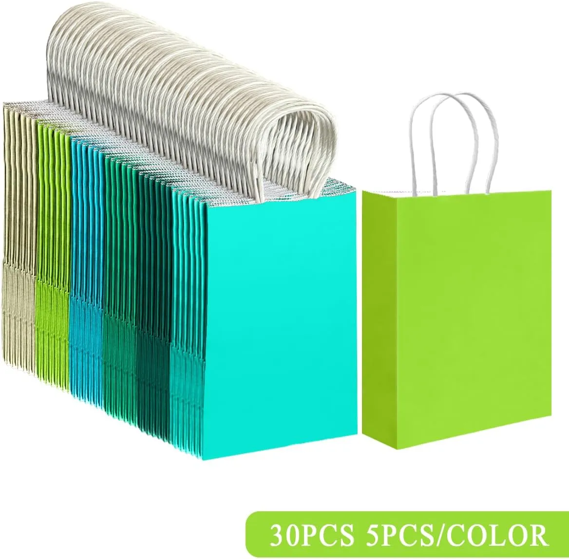 qiqee 30PCS Small Gift Bag with Handles Bulk 8.3"x6"x3" Gift Bags 6 Different Green Color Bags Multiple Uses (Small Size)