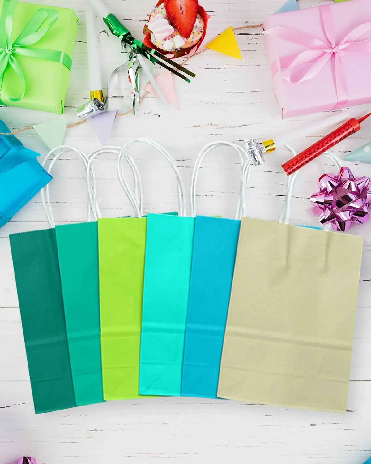 qiqee 30PCS Small Gift Bag with Handles Bulk 8.3"x6"x3" Gift Bags 6 Different Green Color Bags Multiple Uses (Small Size)