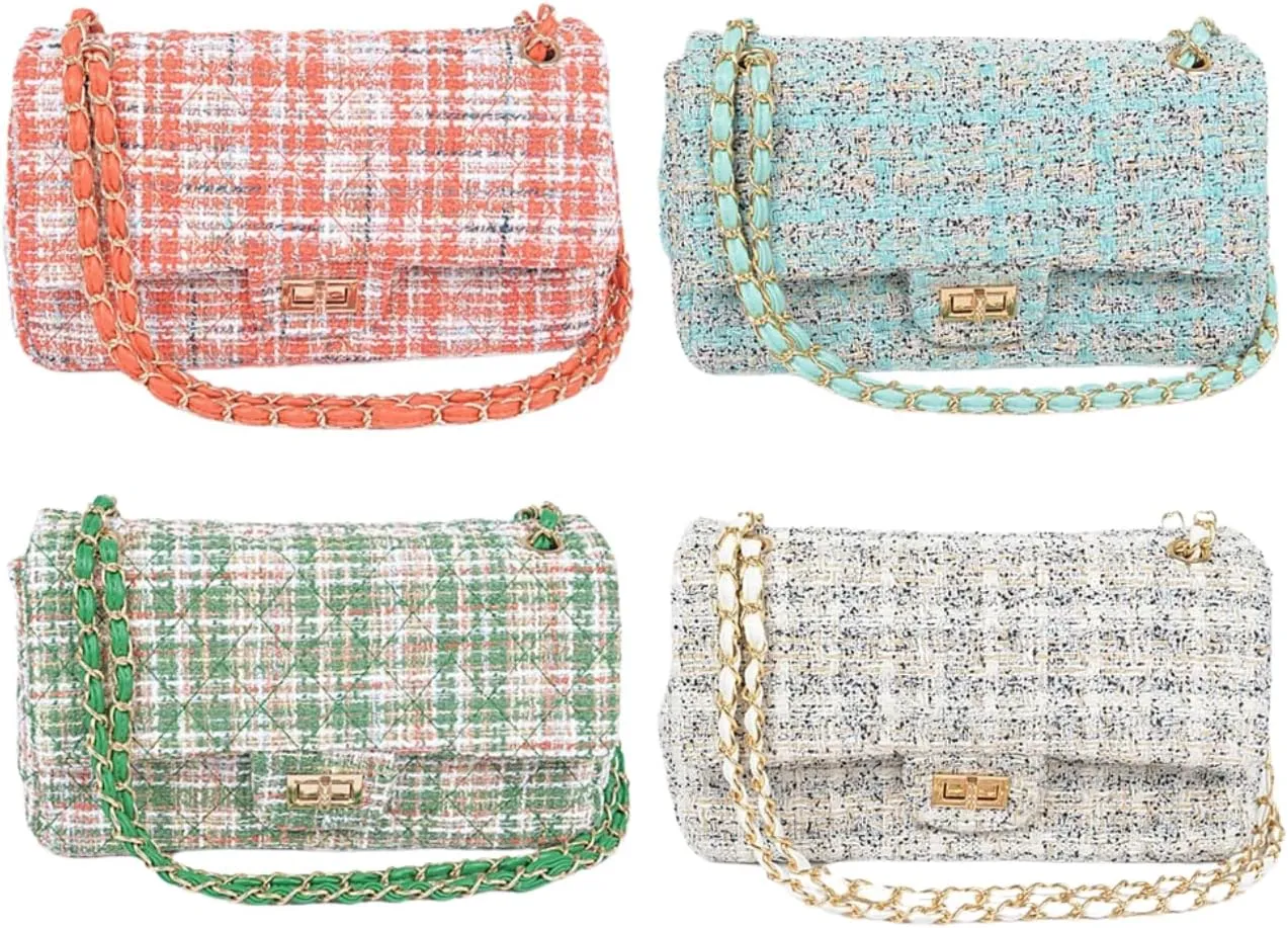 Quilted Tweed Convertible Shoulder Bag for Women Trendy Crossbody Chain Purse for Evening, Casual, and Travel Use